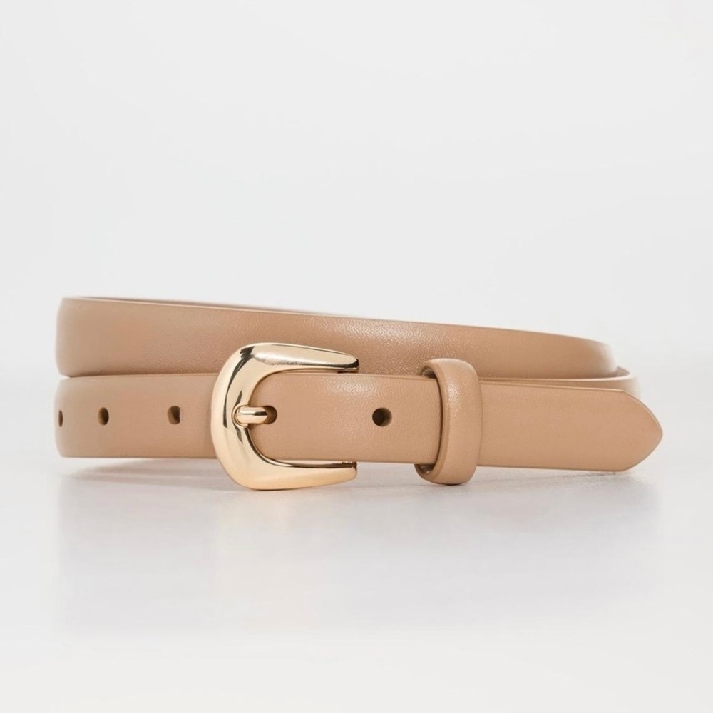 B-Low the Belt Kennedy Mini Belt Beige Leather Gold Buckle Skinny Belt NWT